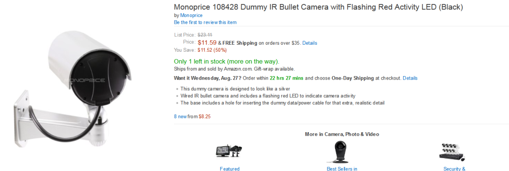 Amazon.com - Monoprice 108428 Dummy IR Bullet Camera with Flashing Red Activity LED (Black) - Wired Dummy Camera - Camera & Photo