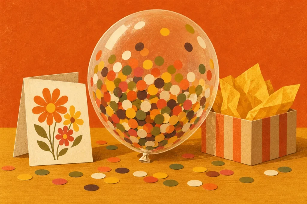 A greeting card, a balloon full of paper dots and a small gift box on a table with a few paper dots scattered around.