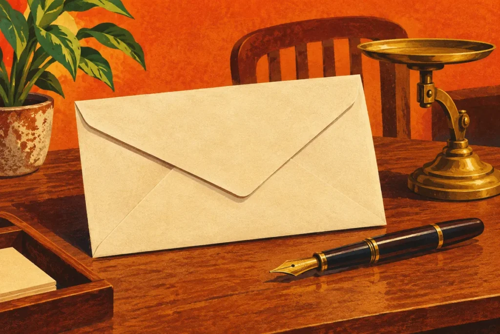 A sealed envelope on a writing desk next to a fountain pen and a small brass postal scale.
