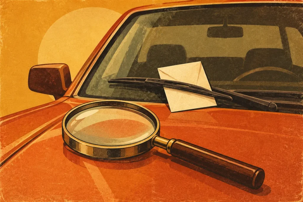 A small envelope under a car windshield wiper with a magnifying glass resting on the hood.