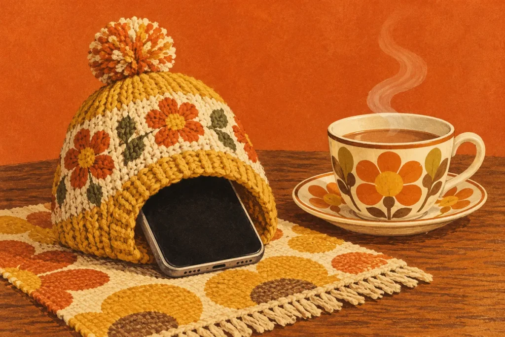 A smartphone tucked under a knitted tea cosy next to a cup of tea.