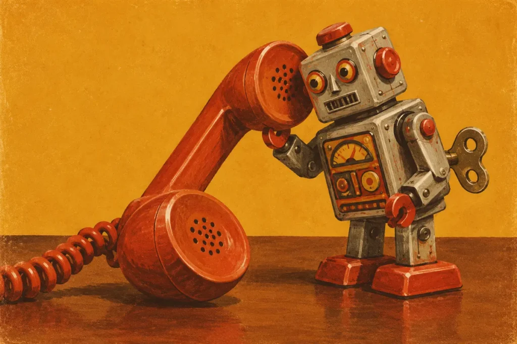 An old phone receiver off the hook with a small wind-up toy robot standing beside it.