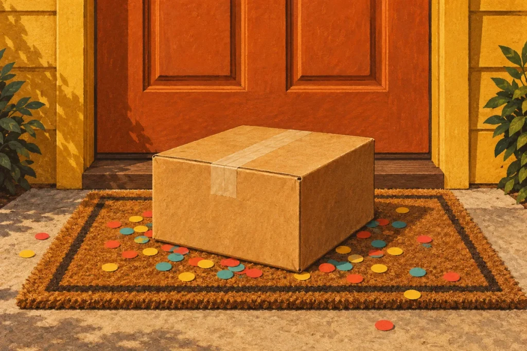 A cardboard parcel on a doormat in front of a closed door.