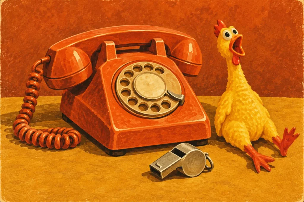A corded phone on a table next to a rubber chicken and a whistle.