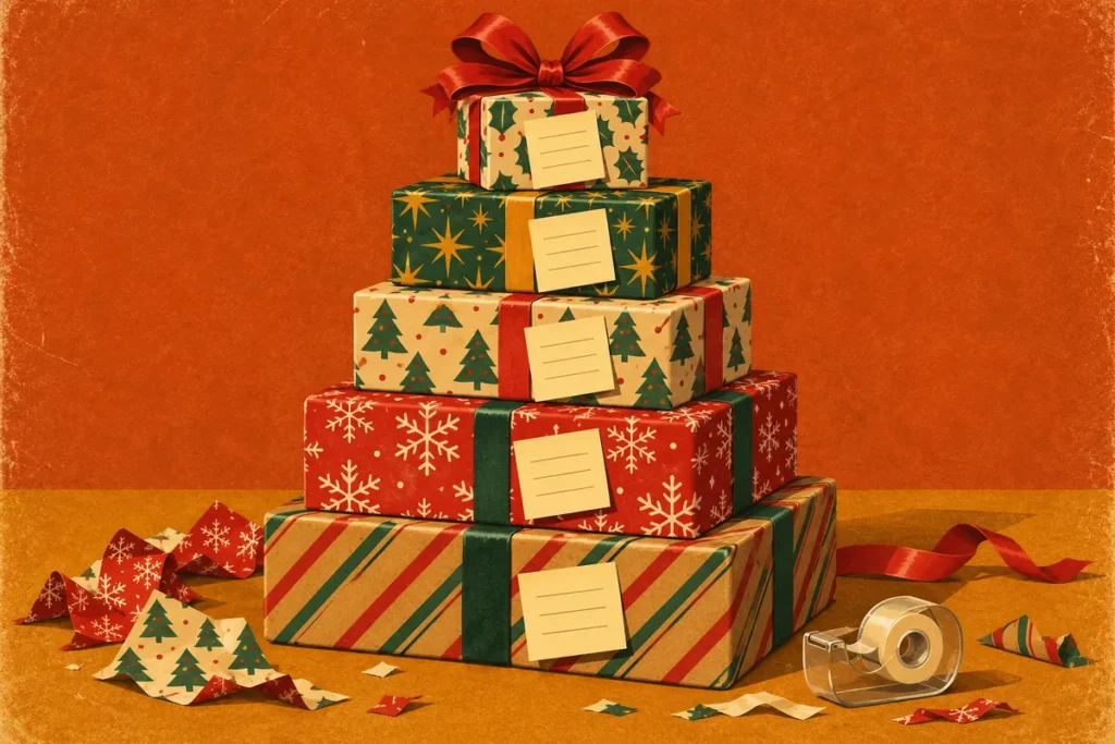 A tower of nested Christmas gift boxes in different wrapping papers, each with a blank sticky note and ribbon.