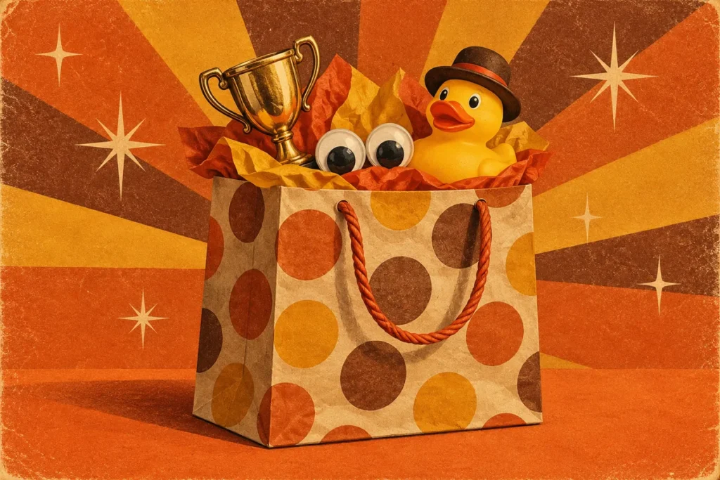 A gift bag with a tiny trophy, googly eyes and a rubber duck in a hat poking out.