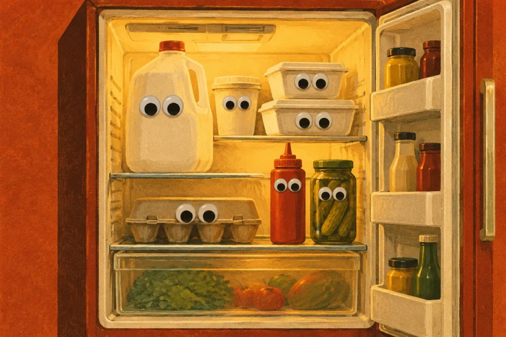An open refrigerator where the milk jug, takeout boxes, egg carton, ketchup bottle and pickle jar all wear googly eyes.