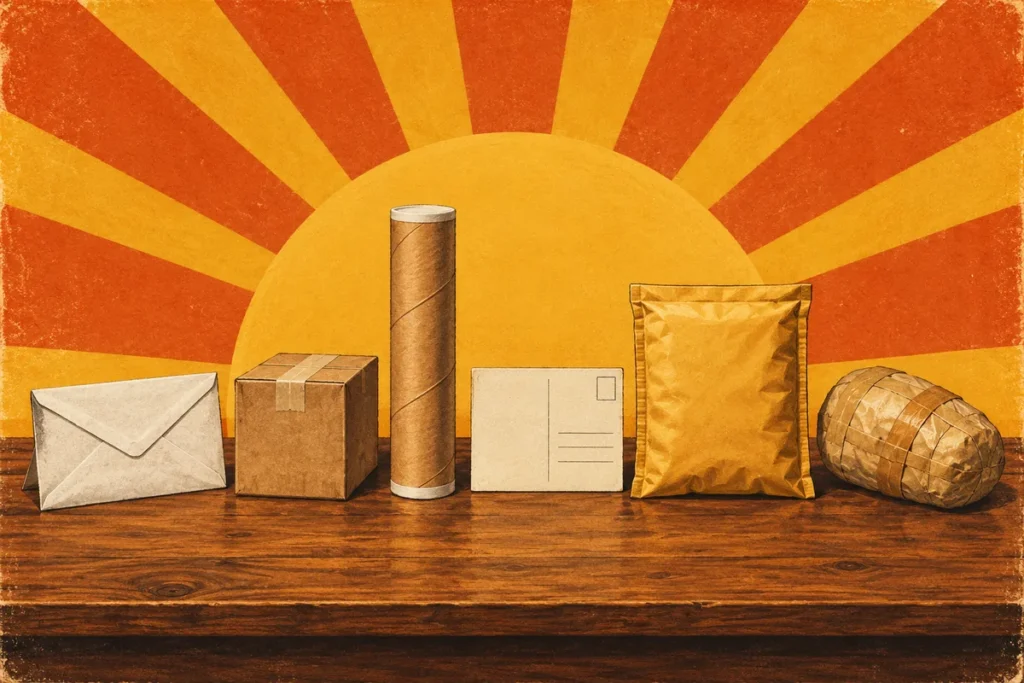 Six plain mailers of different sizes lined up on a table.
