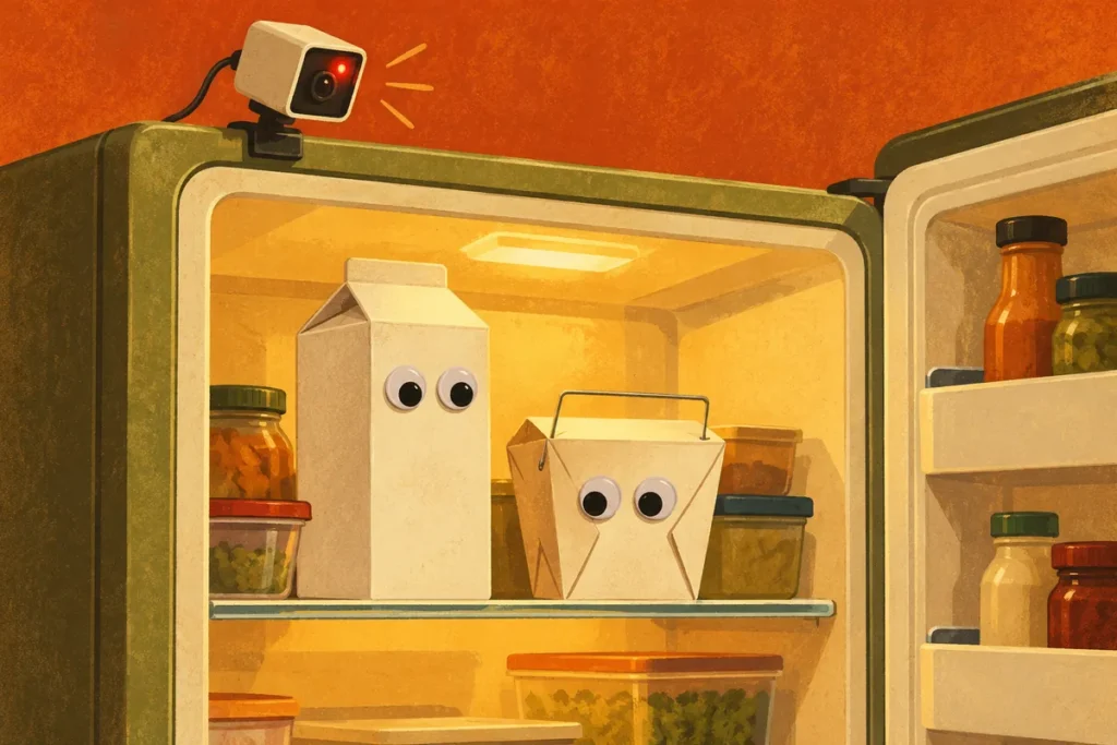 An open fridge with googly eyes on a milk carton and a takeout box, a toy camera watching from above.