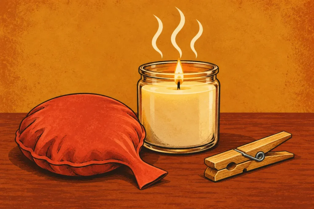 A jar candle with wavy smell lines, a whoopee cushion and a wooden clothespin on a table.