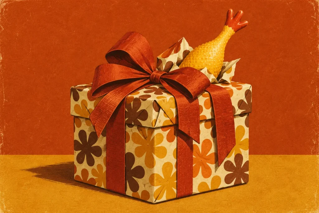 A wrapped white elephant gift with a rubber chicken leg poking out.